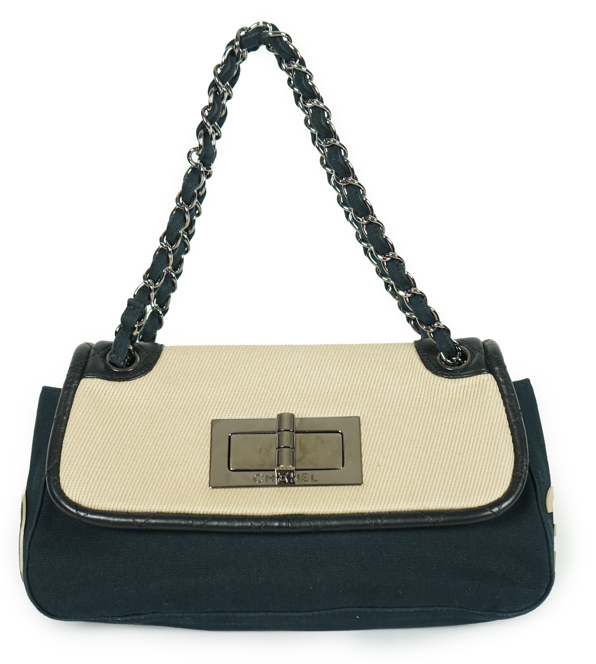 A Chanel No 5 Madamoiselle tri colour canvas and leather, chain shoulder handbag, with dust bag, width 29cm, height 16cm, overall height 35cm, depth 9cm, Please note this lot attracts an additional import tax of 20% on t